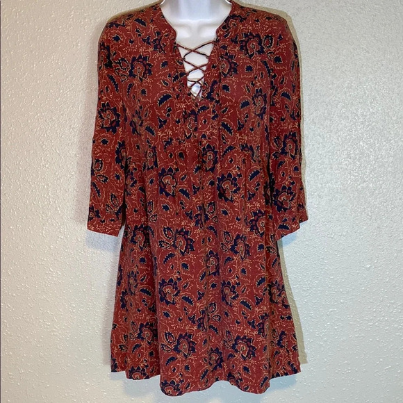 Madewell Red and Blue V-Neck Bell Sleeve Mini Dress - Picture 10 of 11